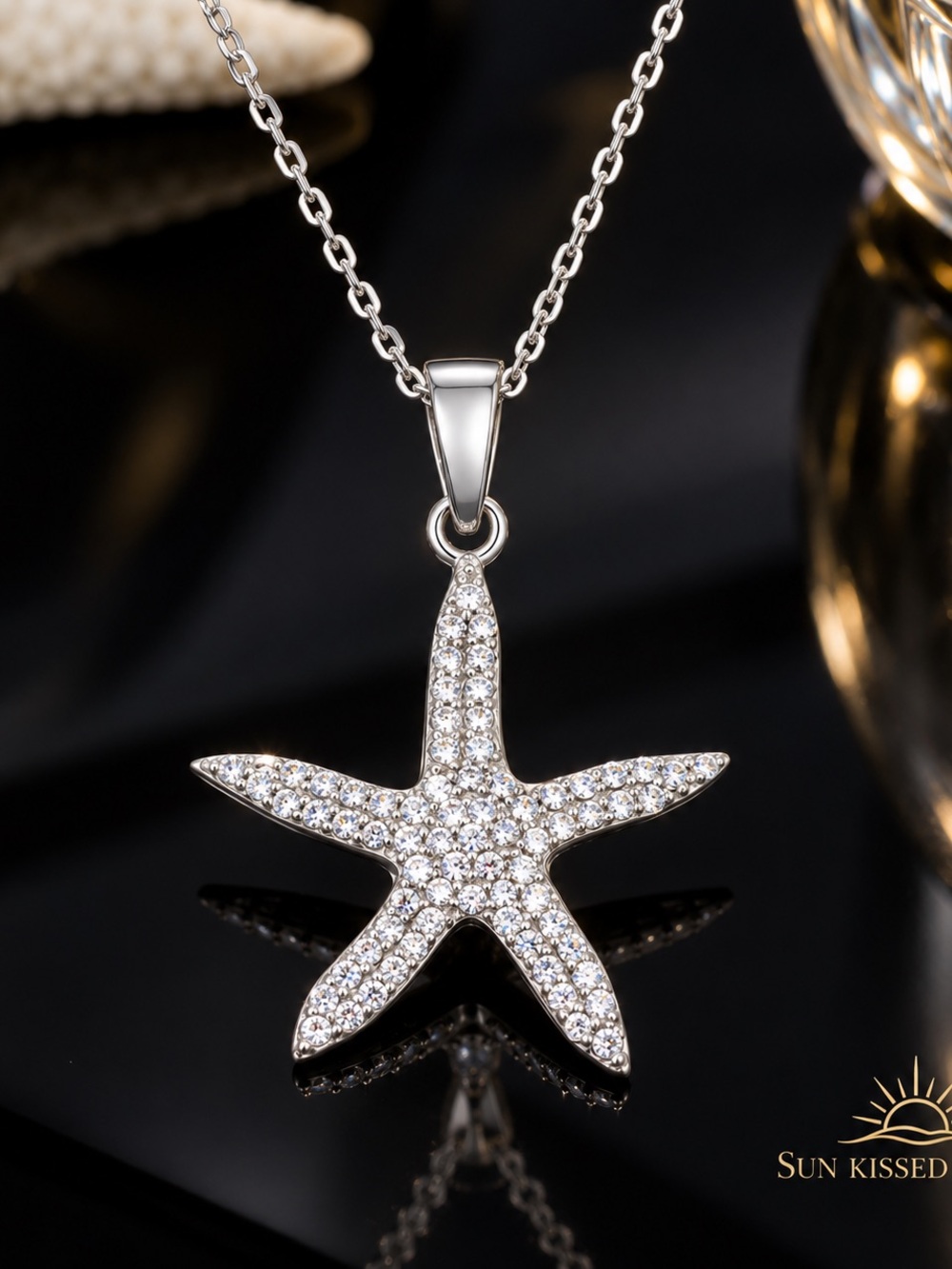 Sterling Silver AAA CZ Starfish Necklace 18” Coastal Jewelry